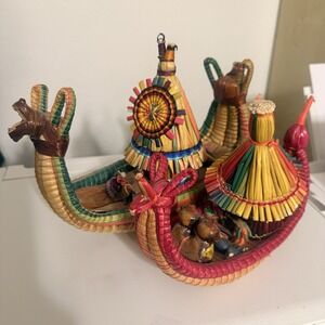 Two Vintage Handmade Caballito De Totora Peruvian Boat Colorful Wicker And Wood